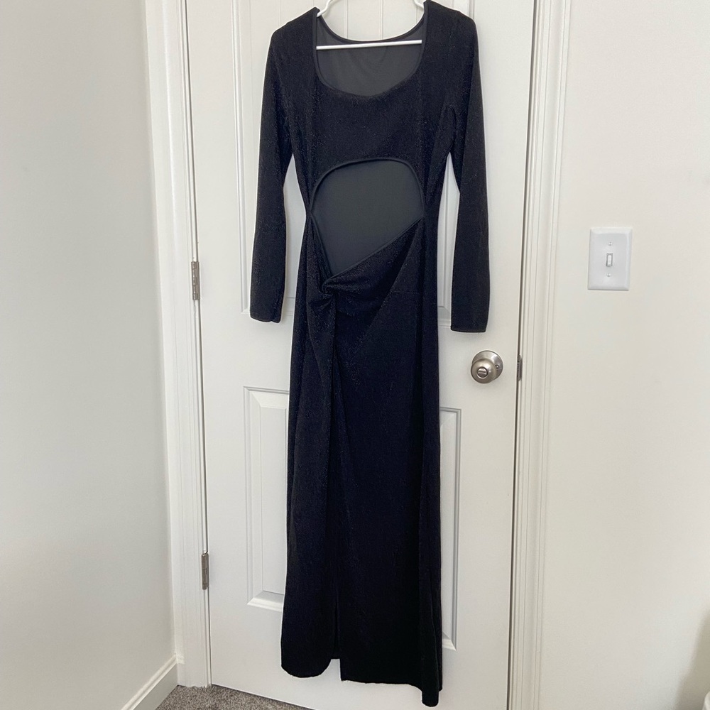 NWOT | SHEIN women’s black silver metallic cutout maxi slit dress bodycon‎ large